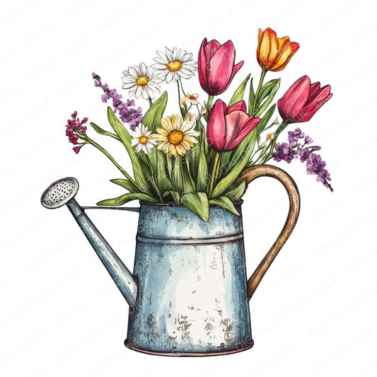 Floral Watering Can fussy cut sheet in US Letter format showing all 12 designs on one printable page