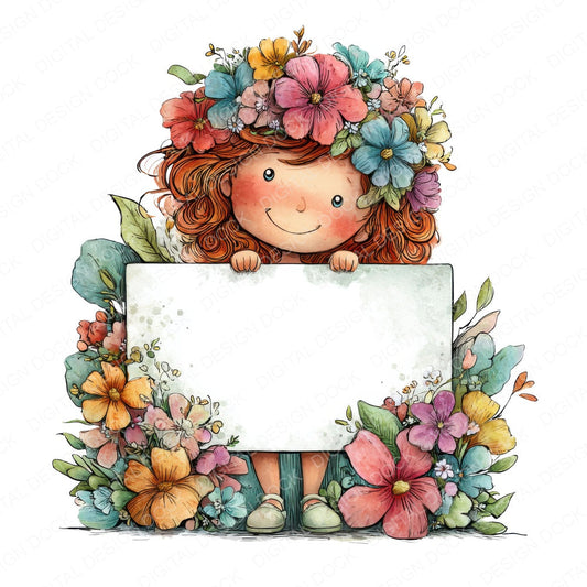 Flower Girl with Banner fussy cut sheet in US Letter format showing all 12 designs on one printable page