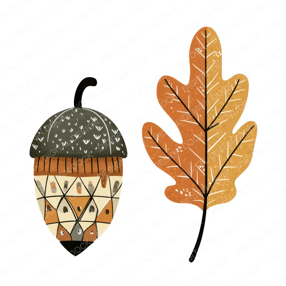 Folk Acorn and Leaf fussy cut sheet in US Letter format showing all 12 designs on one printable page