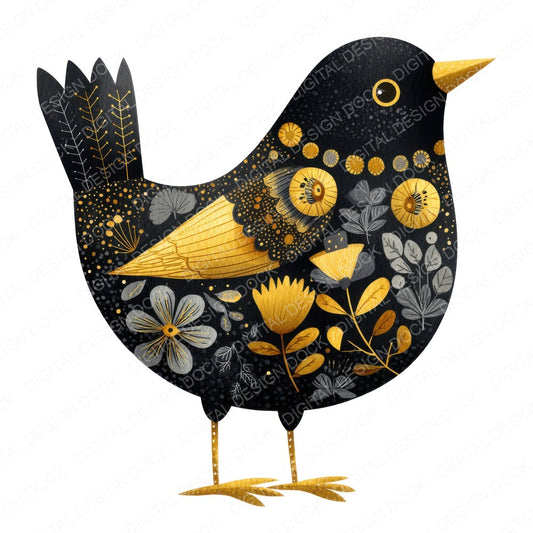 Folk Art Blackbird fussy cut sheet in US Letter format showing all 12 designs on one printable page