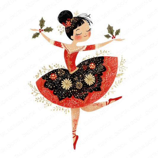 Folk Art Christmas Ballerina fussy cut sheet in US Letter format showing all 12 designs on one printable page