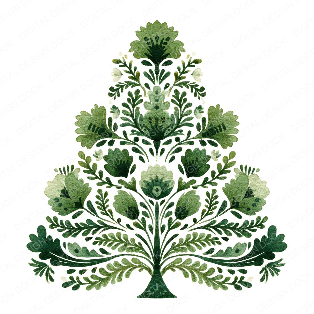 Folk Art Christmas Tree B fussy cut sheet in US Letter format showing all 12 designs on one printable page