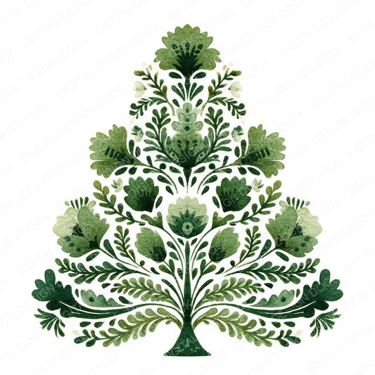 Folk Art Christmas Tree B fussy cut sheet in US Letter format showing all 12 designs on one printable page