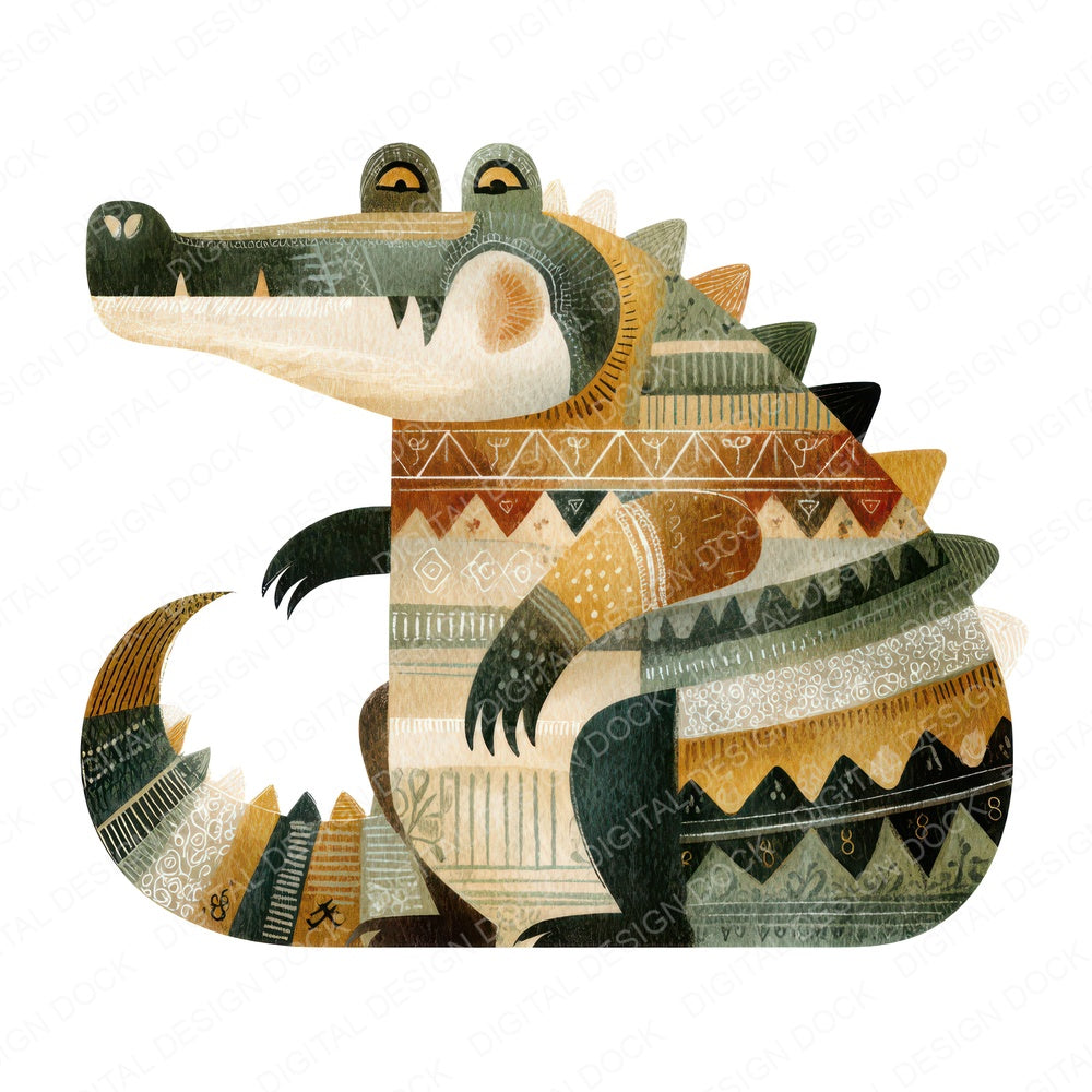Folk Art Crocodile fussy cut sheet in US Letter format showing all 12 designs on one printable page