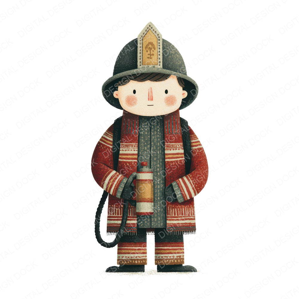 Folk Art Firefighter Character fussy cut sheet in US Letter format showing all 12 designs on one printable page