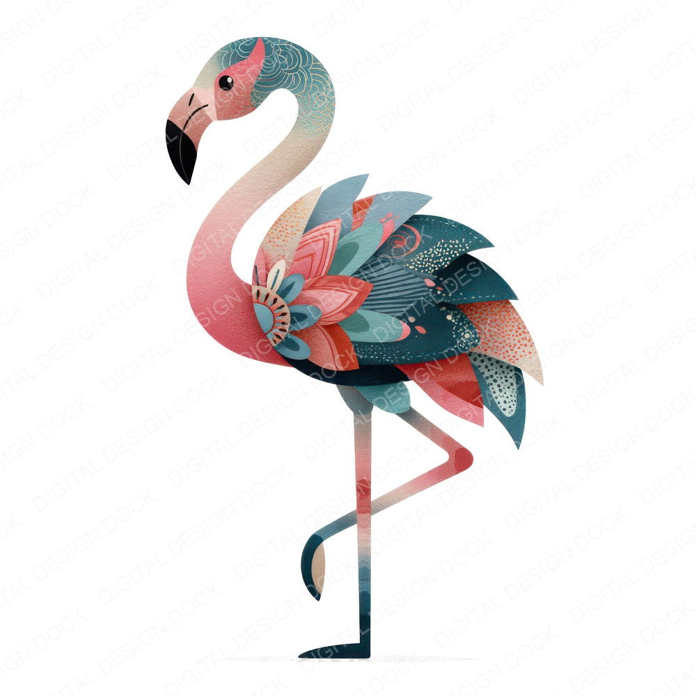 Folk Art Flamingo fussy cut sheet in US Letter format showing all 12 designs on one printable page