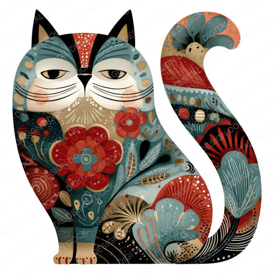 Folk Art Floral Cat fussy cut sheet in US Letter format showing all 12 designs on one printable page