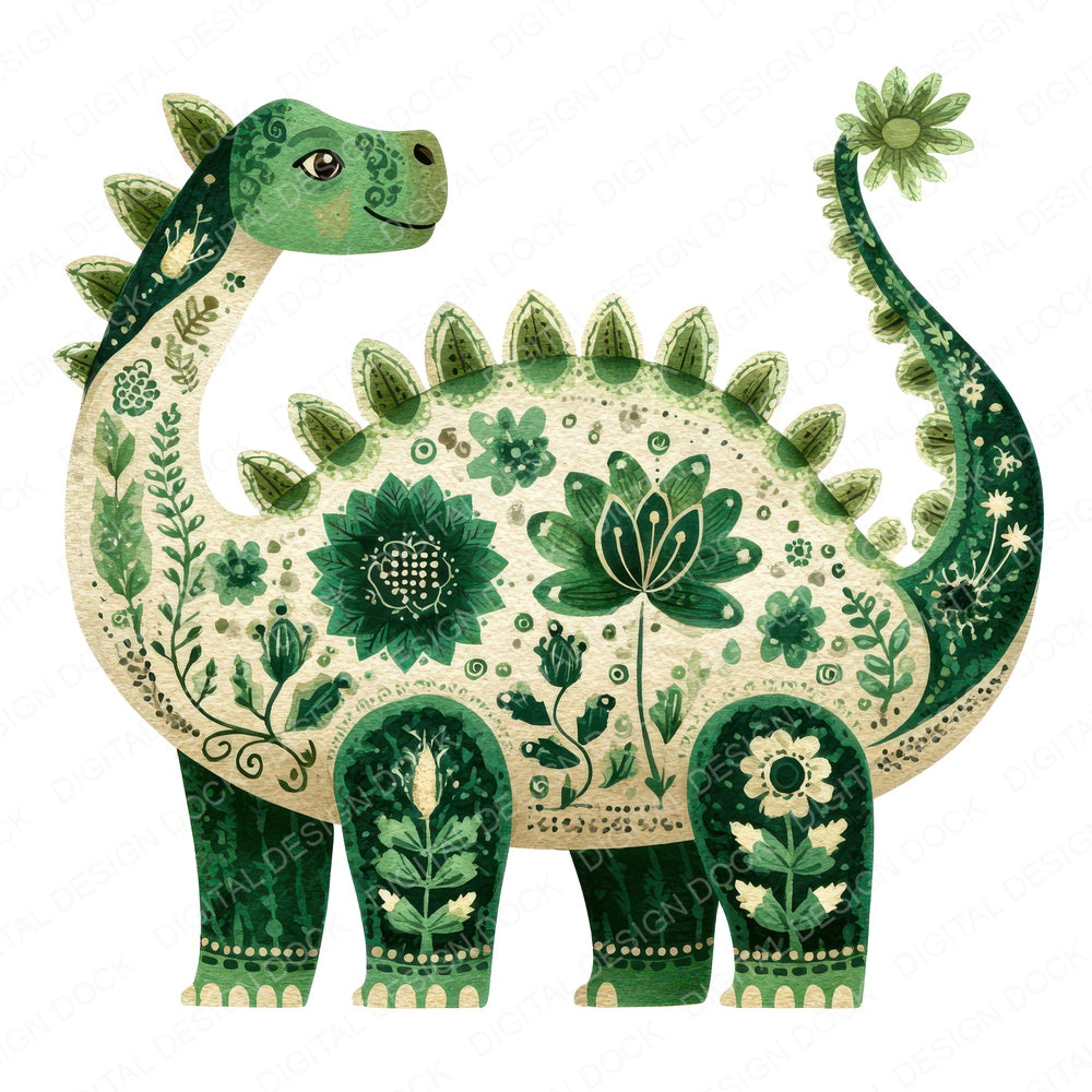 Folk Art Floral Dinosaur fussy cut sheet in US Letter format showing all 12 designs on one printable page