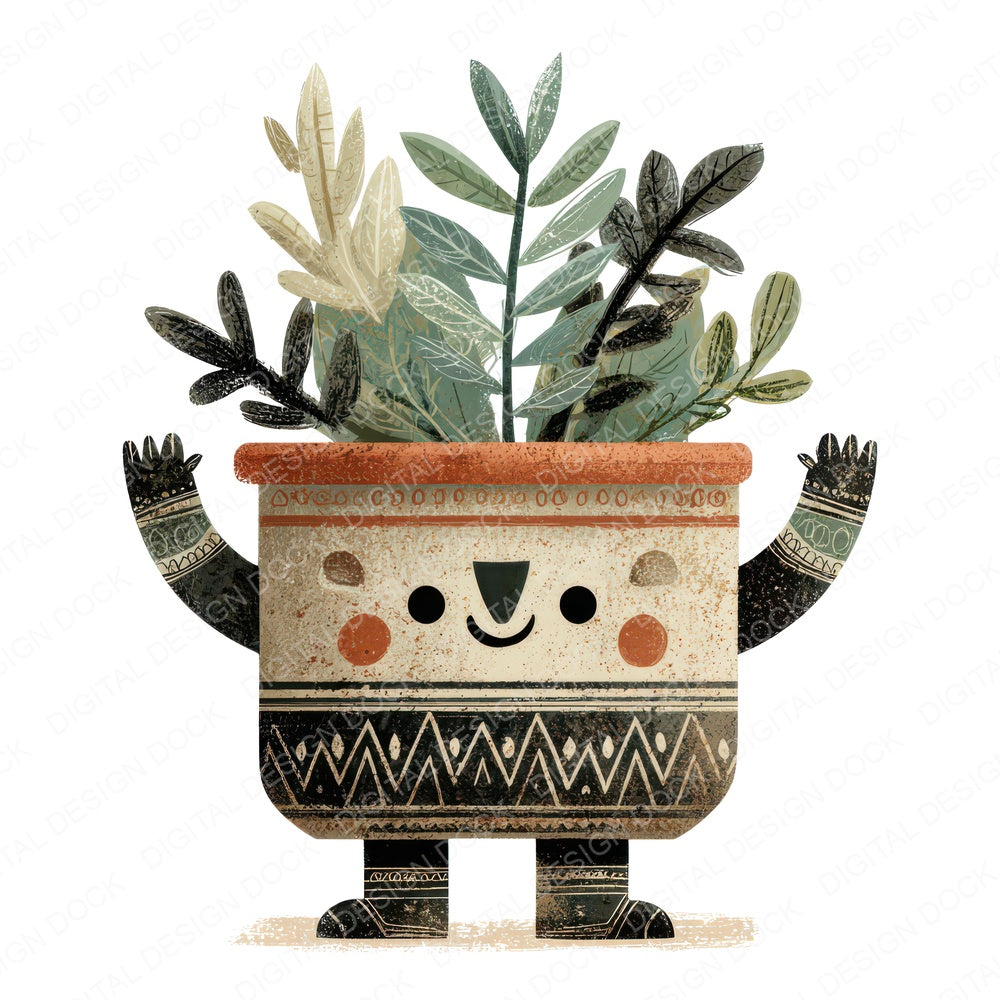 Folk Art Flower Pot Character fussy cut sheet in US Letter format showing all 12 designs on one printable page