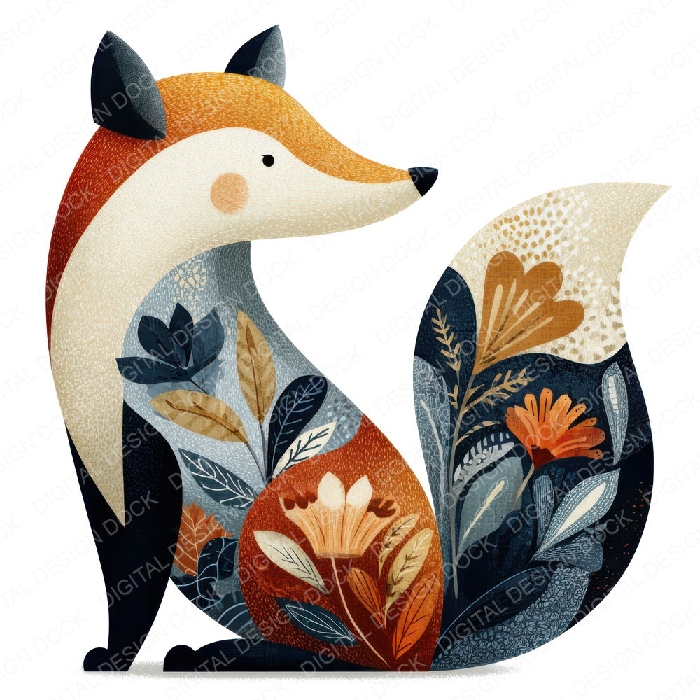 Folk Art Fox fussy cut sheet in US Letter format showing all 12 designs on one printable page