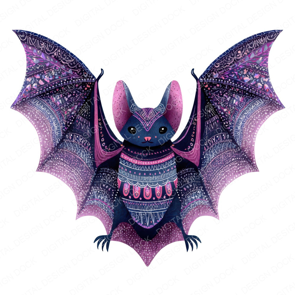 Folk Art Halloween Bat fussy cut sheet in US Letter format showing all 12 designs on one printable page