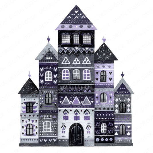 Folk Art Halloween House fussy cut sheet in US Letter format showing all 12 designs on one printable page