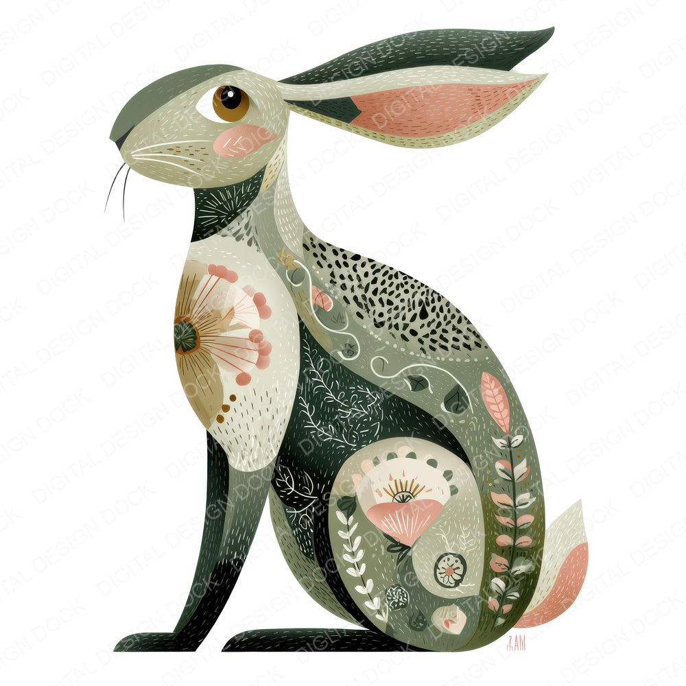 Folk Art Hare fussy cut sheet in US Letter format showing all 12 designs on one printable page