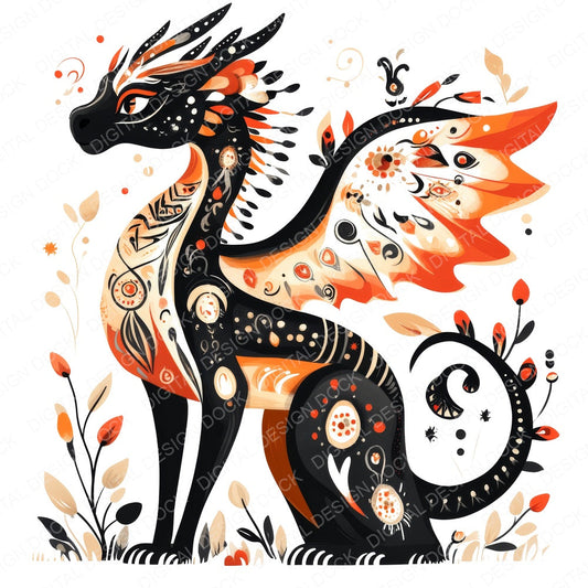 Folk Art Medieval Dragon fussy cut sheet in US Letter format showing all 12 designs on one printable page