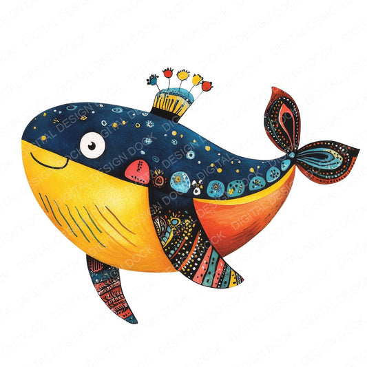 Folk Art Nursery Whale fussy cut sheet in US Letter format showing all 12 designs on one printable page
