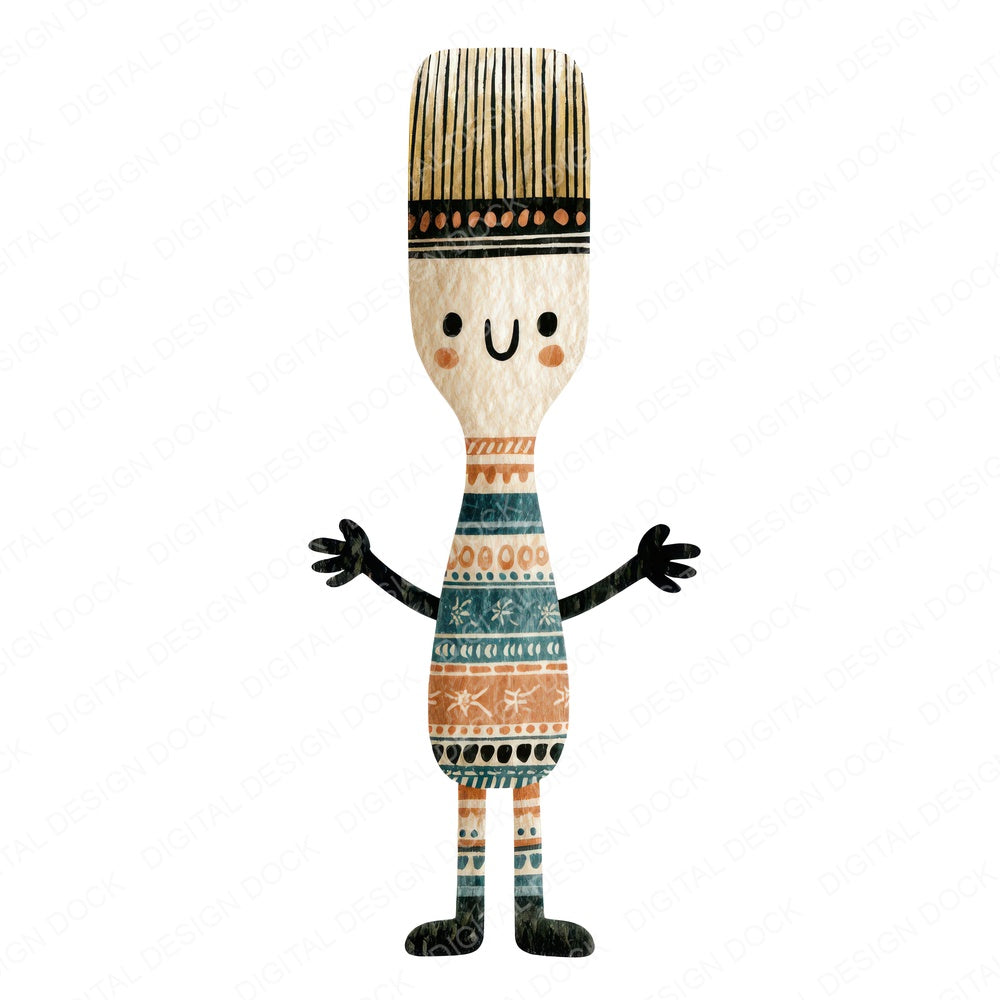 Folk Art Paintbrush Character fussy cut sheet in US Letter format showing all 12 designs on one printable page