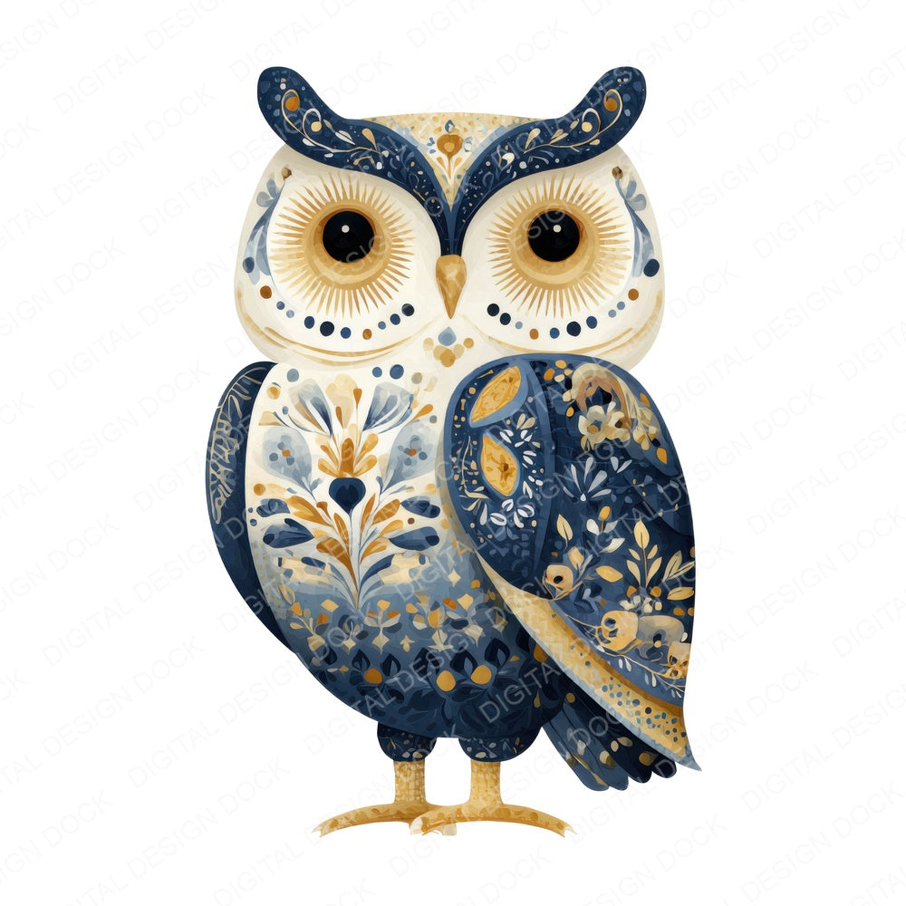 Folk Art Patterned Owl fussy cut sheet in US Letter format showing all 12 designs on one printable page