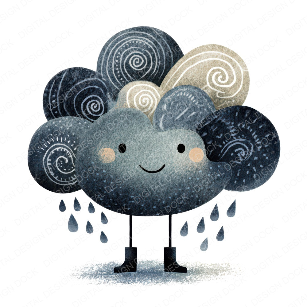 Folk Art Rain Cloud Character fussy cut sheet in US Letter format showing all 12 designs on one printable page