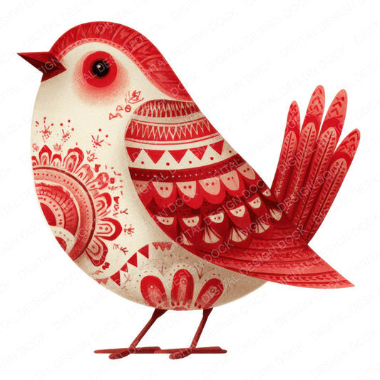 Folk Art Red Christmas Bird fussy cut sheet in US Letter format showing all 12 designs on one printable page