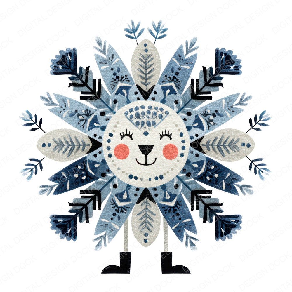 Folk Art Snowflake Character fussy cut sheet in US Letter format showing all 12 designs on one printable page
