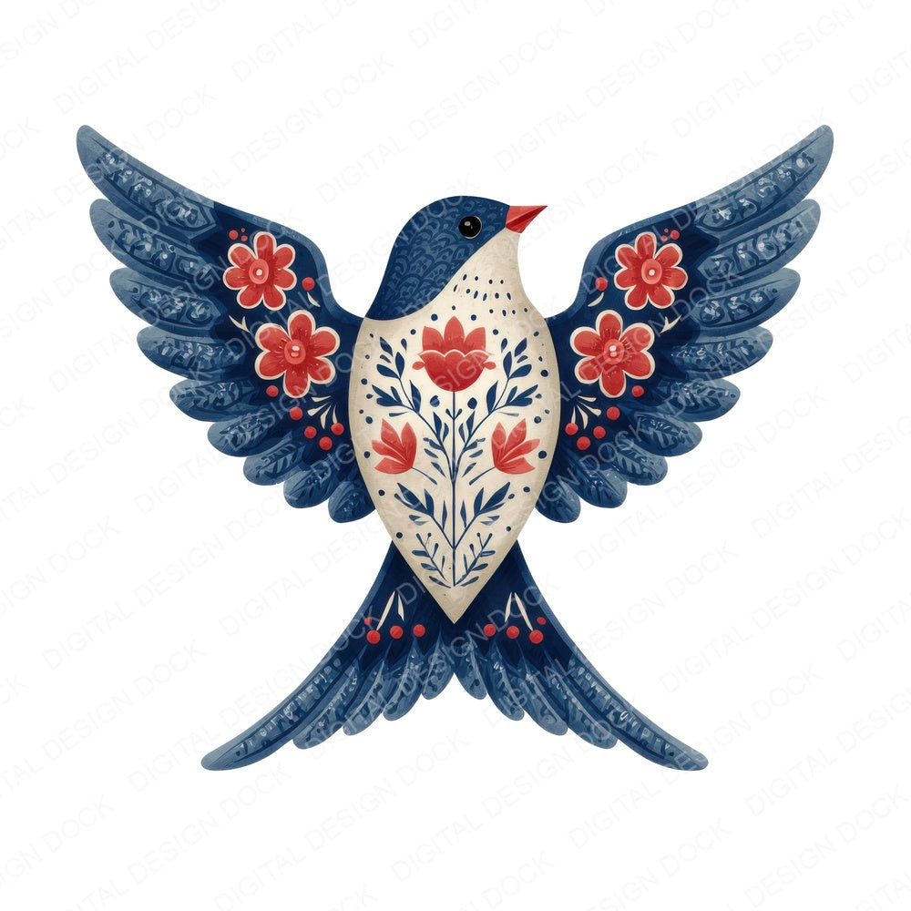 Folk Art Swallow fussy cut sheet in US Letter format showing all 12 designs on one printable page