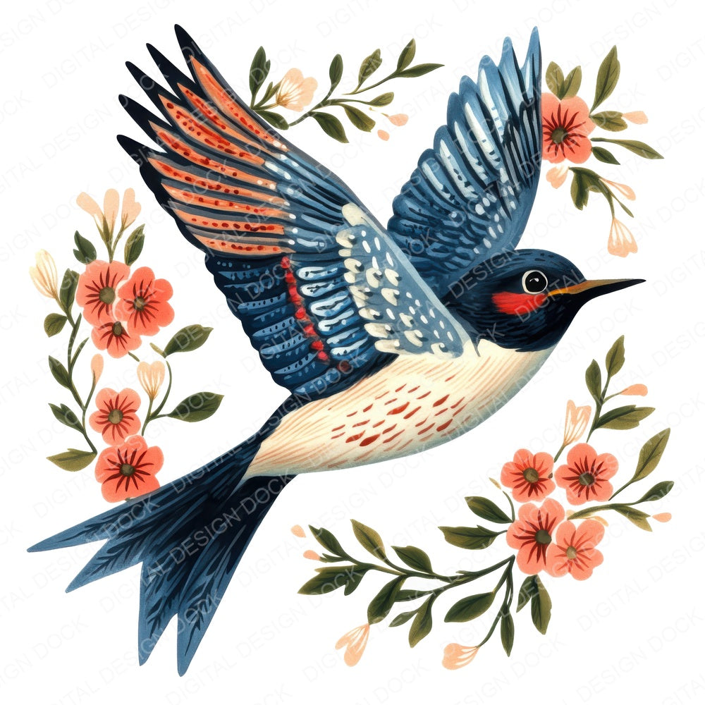 Folk Art Swallow Bird fussy cut sheet in US Letter format showing all 12 designs on one printable page