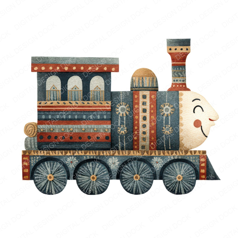 Folk Art Train Character fussy cut sheet in US Letter format showing all 12 designs on one printable page