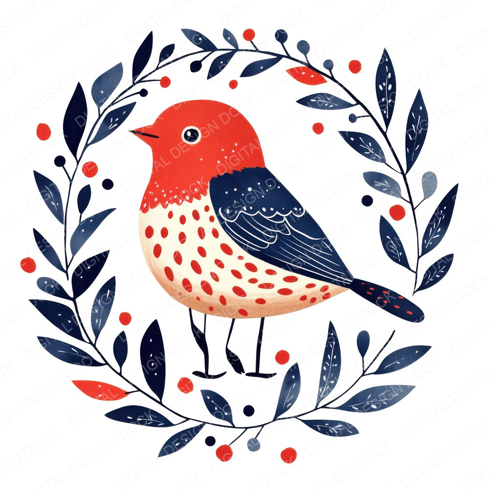 Folk Bird in Leaf Ring fussy cut sheet in US Letter format showing all 12 designs on one printable page