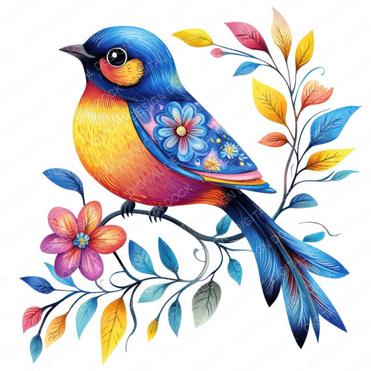 Folk Bird on Floral Vine fussy cut sheet in US Letter format showing all 12 designs on one printable page
