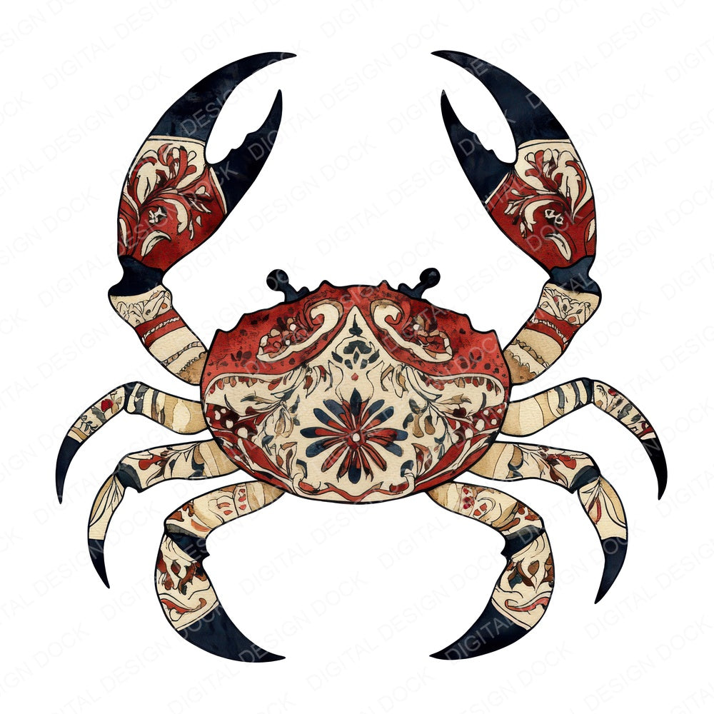 Folk Crab with Florals fussy cut sheet in US Letter format showing all 12 designs on one printable page