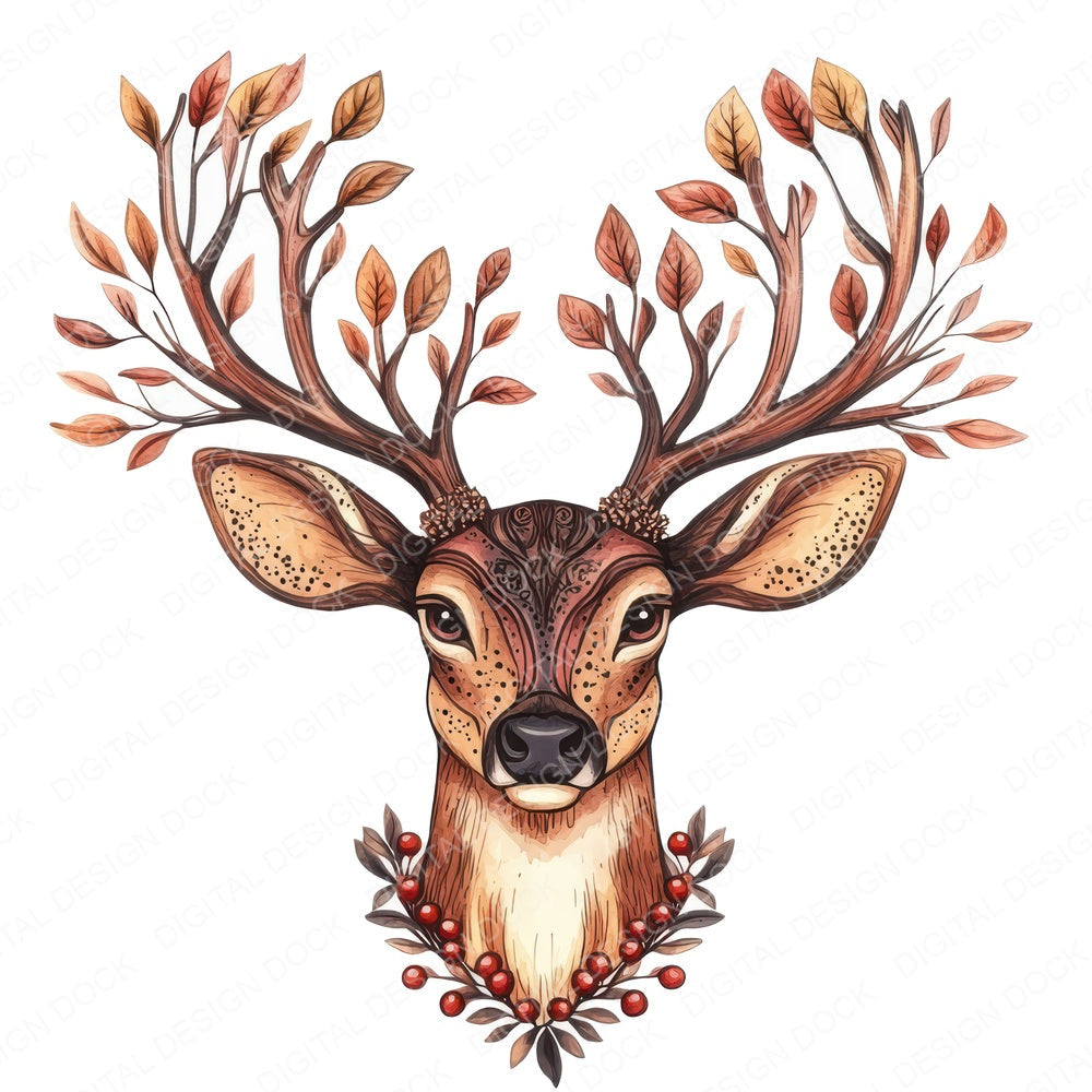 Folk Deer with Antlers fussy cut sheet in US Letter format showing all 12 designs on one printable page