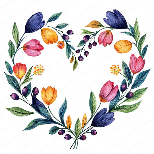 Folk Floral Heart Wreath fussy cut sheet in US Letter format showing all 12 designs on one printable page