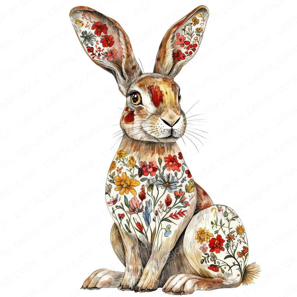 Folk Hare with Florals fussy cut sheet in US Letter format showing all 12 designs on one printable page