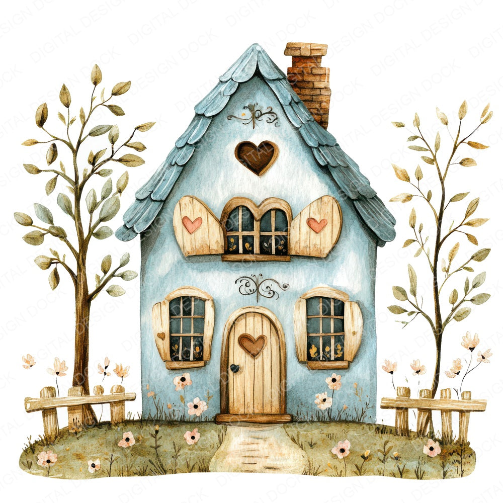 Folk House with Florals fussy cut sheet in US Letter format showing all 12 designs on one printable page