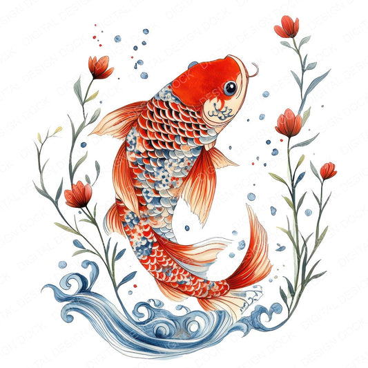 Folk Koi Leaping fussy cut sheet in US Letter format showing all 12 designs on one printable page