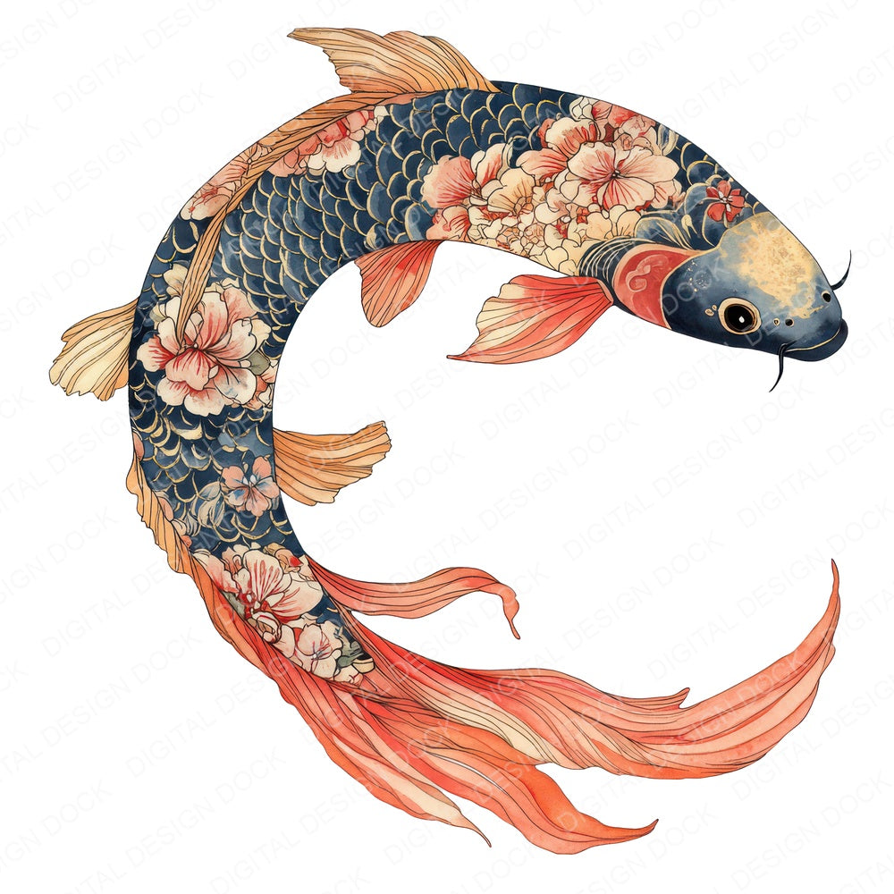 Folk Koi with Florals fussy cut sheet in US Letter format showing all 12 designs on one printable page