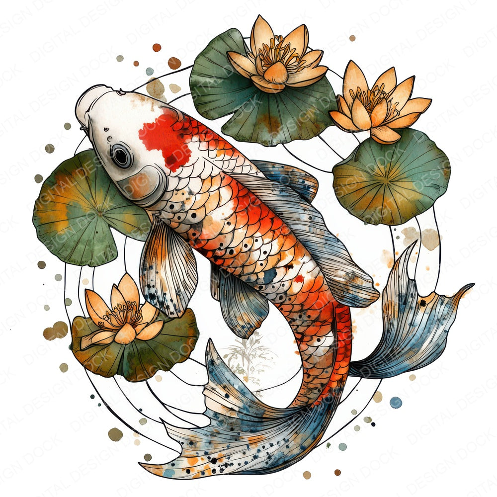 Folk Koi with Lily Ring fussy cut sheet in US Letter format showing all 12 designs on one printable page