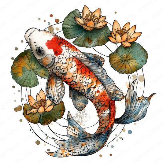 Folk Koi with Lily Ring fussy cut sheet in US Letter format showing all 12 designs on one printable page