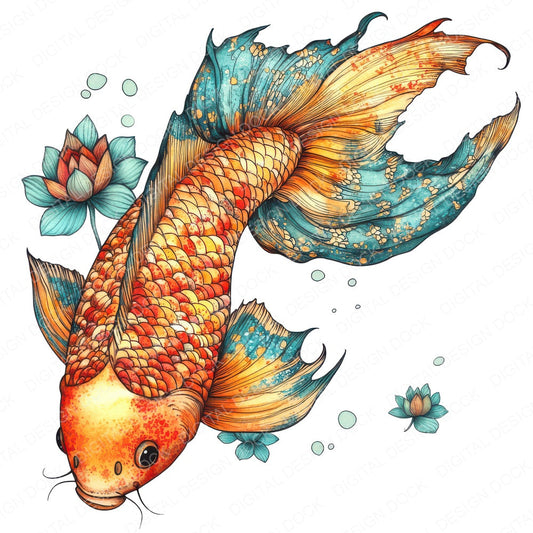 Folk Koi with Lotus fussy cut sheet in US Letter format showing all 12 designs on one printable page