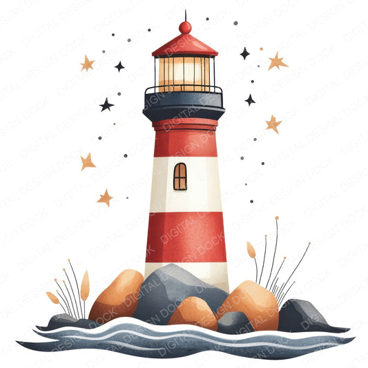 Folk Lighthouse and Waves fussy cut sheet in US Letter format showing all 12 designs on one printable page