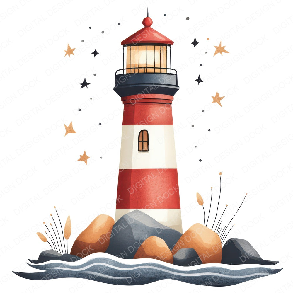 Folk Lighthouse and Waves fussy cut sheet in US Letter format showing all 12 designs on one printable page