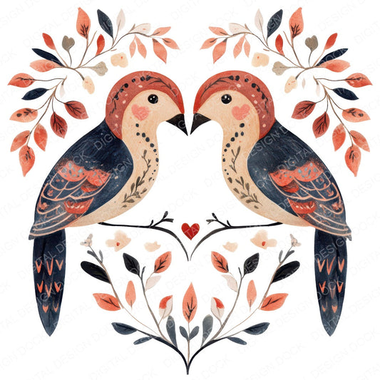Folk Lovebirds Heart Tail fussy cut sheet in US Letter format showing all 12 designs on one printable page