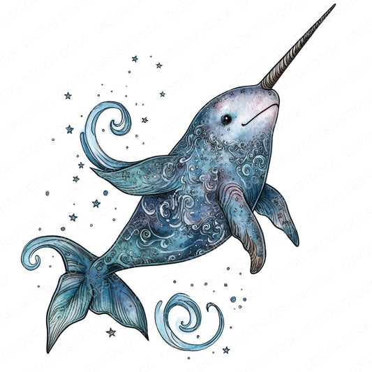 Folk Narwhal with Stars fussy cut sheet in US Letter format showing all 12 designs on one printable page
