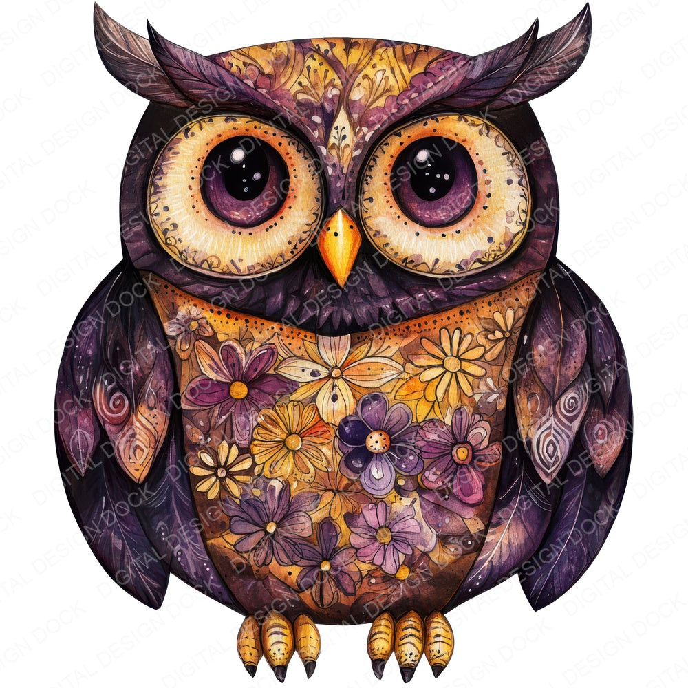 Folk Owl with Florals fussy cut sheet in US Letter format showing all 12 designs on one printable page