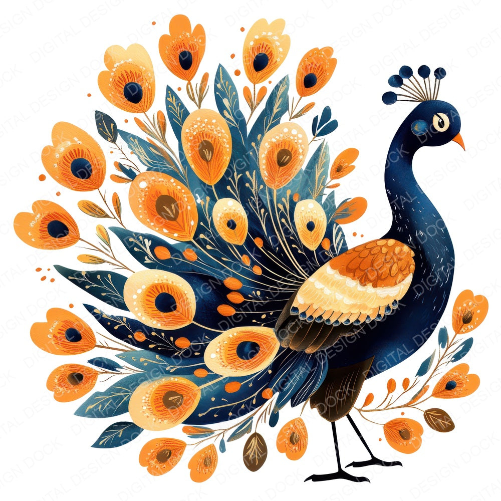 Folk Peacock with Florals fussy cut sheet in US Letter format showing all 12 designs on one printable page