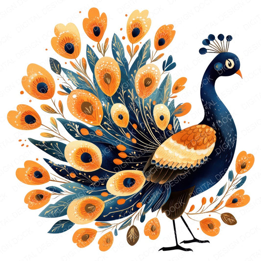 Folk Peacock with Florals fussy cut sheet in US Letter format showing all 12 designs on one printable page