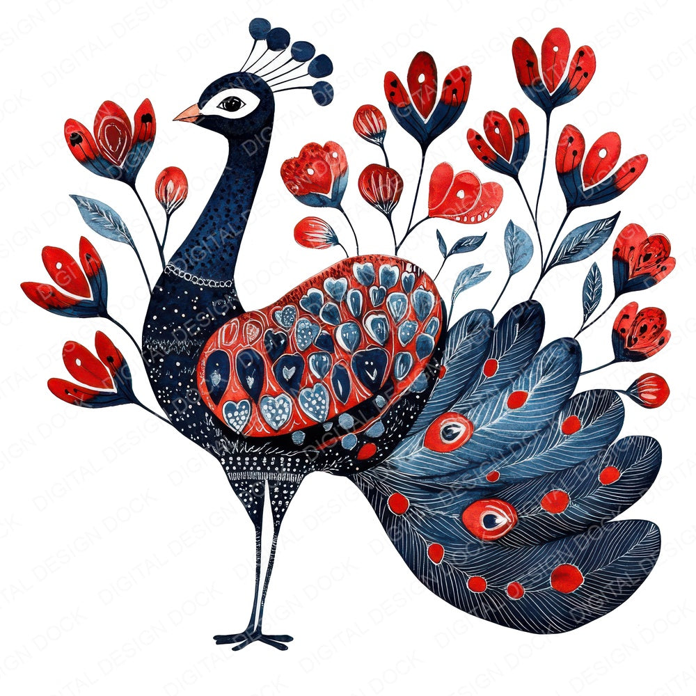 Folk Peacock with Patterns fussy cut sheet in US Letter format showing all 12 designs on one printable page