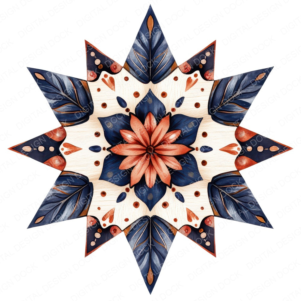 Folk Rosette Star fussy cut sheet in US Letter format showing all 12 designs on one printable page