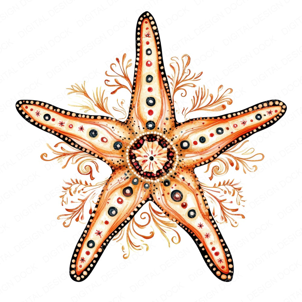 Folk Starfish Mandala fussy cut sheet in US Letter format showing all 12 designs on one printable page