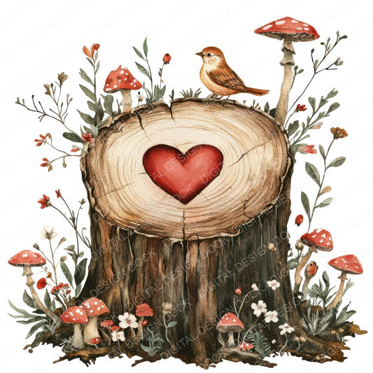 Folk Stump with Mushrooms fussy cut sheet in US Letter format showing all 12 designs on one printable page